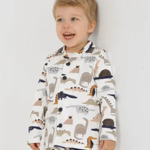 Buttoned Polo Neck Boys' Pajama Set with Dinosaur Print