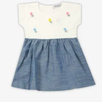 White and Blue Flower-Printed Short Sleeve Dres