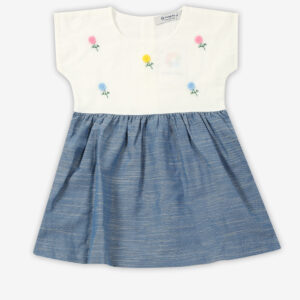 White and Blue Flower-Printed Short Sleeve Dres