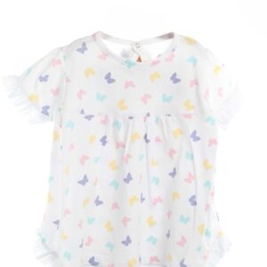 Summer blouse for girls with colorful butterfly print and soft ruffle details – comfort and style in one piece.
