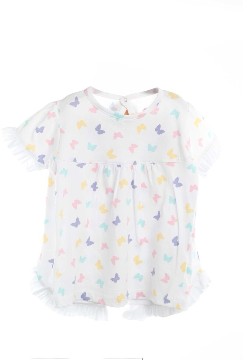 Summer blouse for girls with colorful butterfly print and soft ruffle details – comfort and style in one piece.